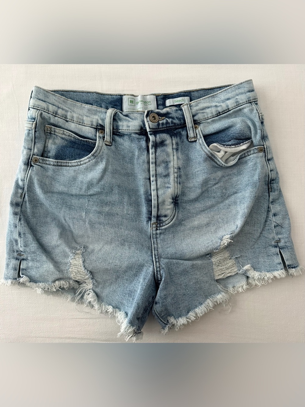 Re:nation by Recycle & Beech High-Waist Distressed Denim Shorts - Light Blue